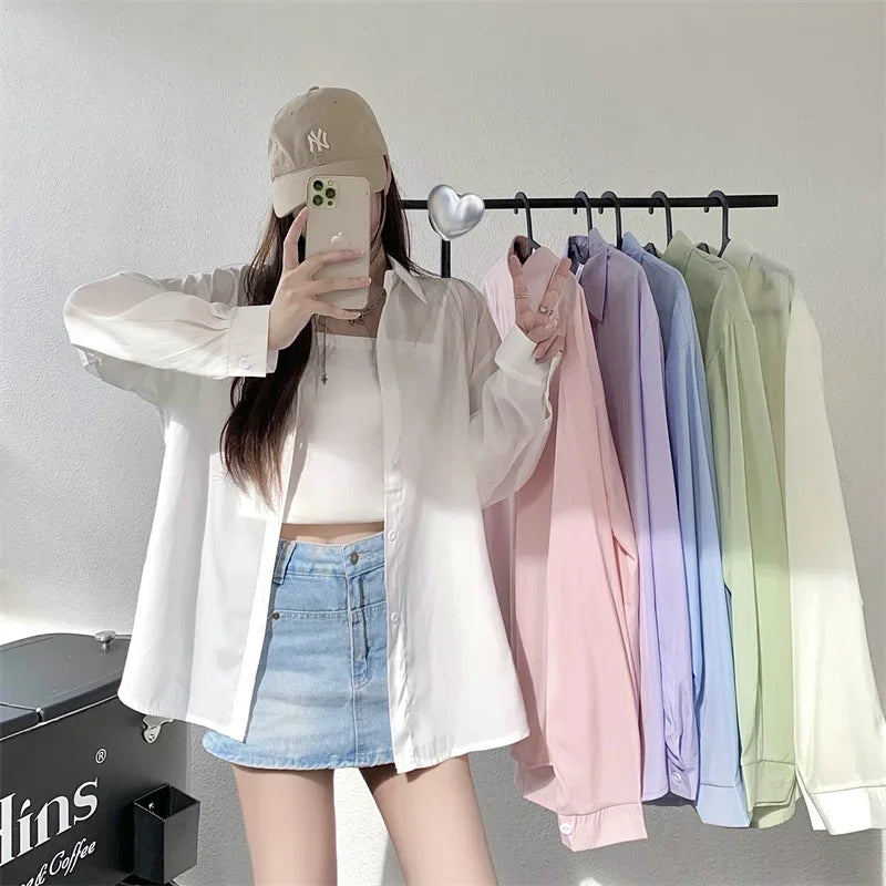 Silky Oversize Button Down Shirt for Women Long Sleeve Boyfriend Blouse Lightweight Summer Cover Up Casual Teen Girl Outfit