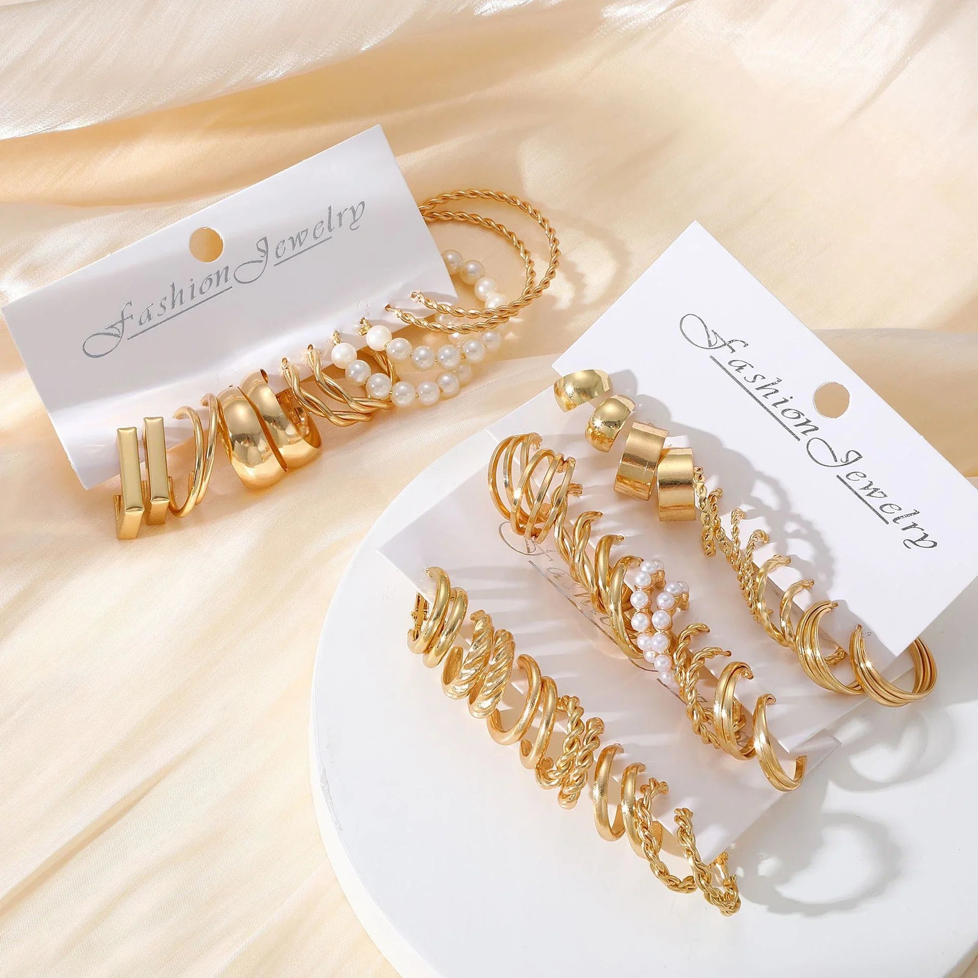 48 Pcs Boho Big Circle Hoop Earrings Set for Women with Gold Color Vintage Pearl and Heart Zircon Ear Studs Jewelry Gifts