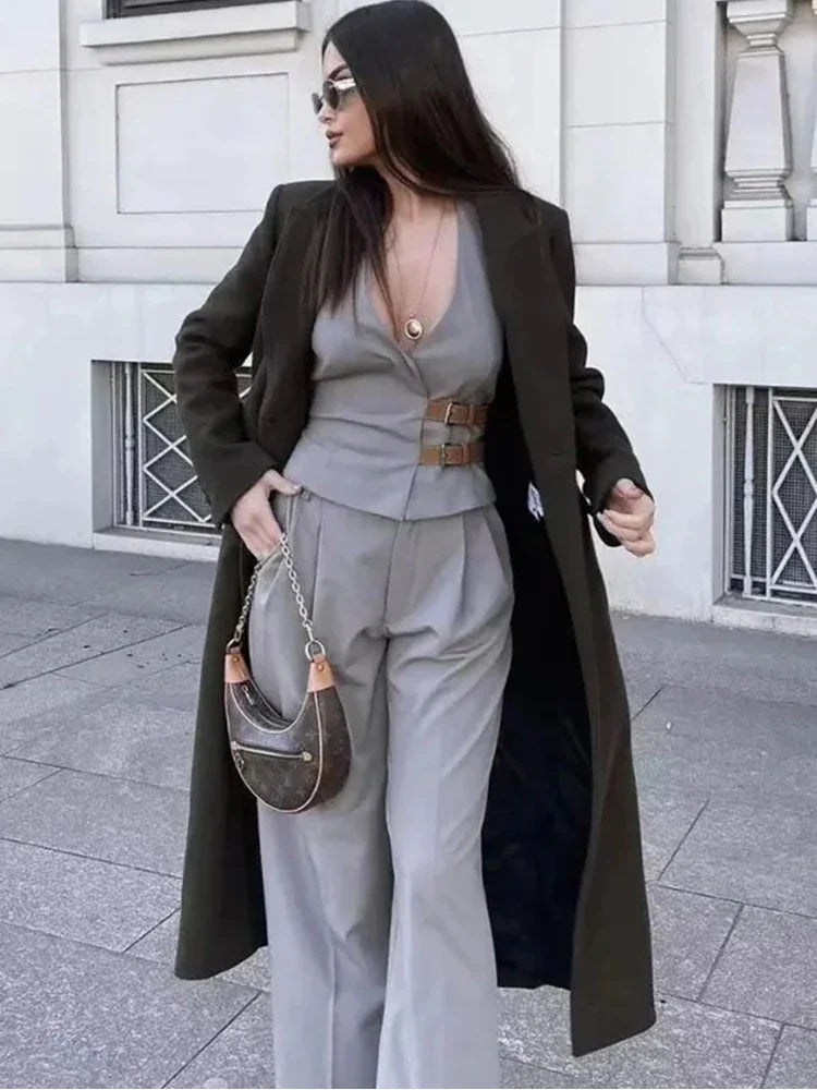 Women's Two-Piece Suit Set with Belt Halter V-Neck Top and High-Waisted Pleated Pants