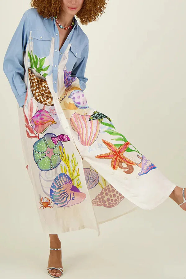 Personality Printed Long Sleeve Single Breasted Shirt with Lapel Collar and Skirt Set for Women