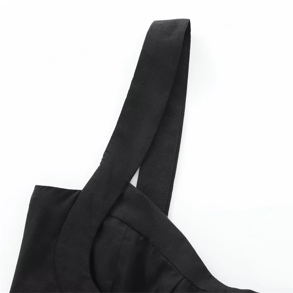 Black Linen Blend Dress Slim Fit With Wide Straps For Women