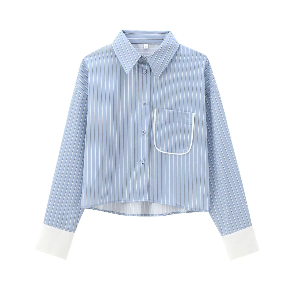 Women's Casual Striped Long Sleeve Short Shirt Simple Versatile Fashion Top