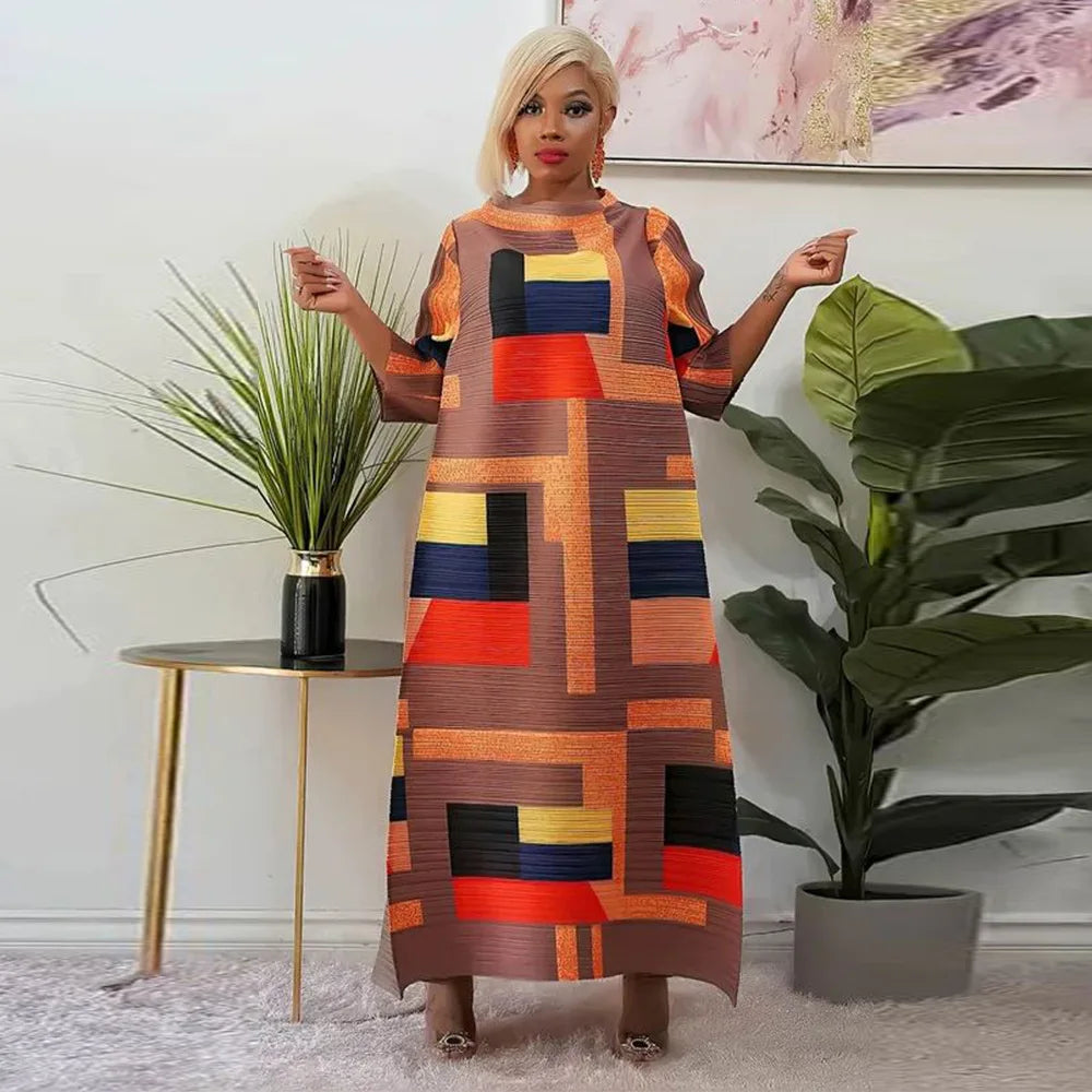 Leaf Print Pleated Boho Maxi Dress for Women Casual Beach