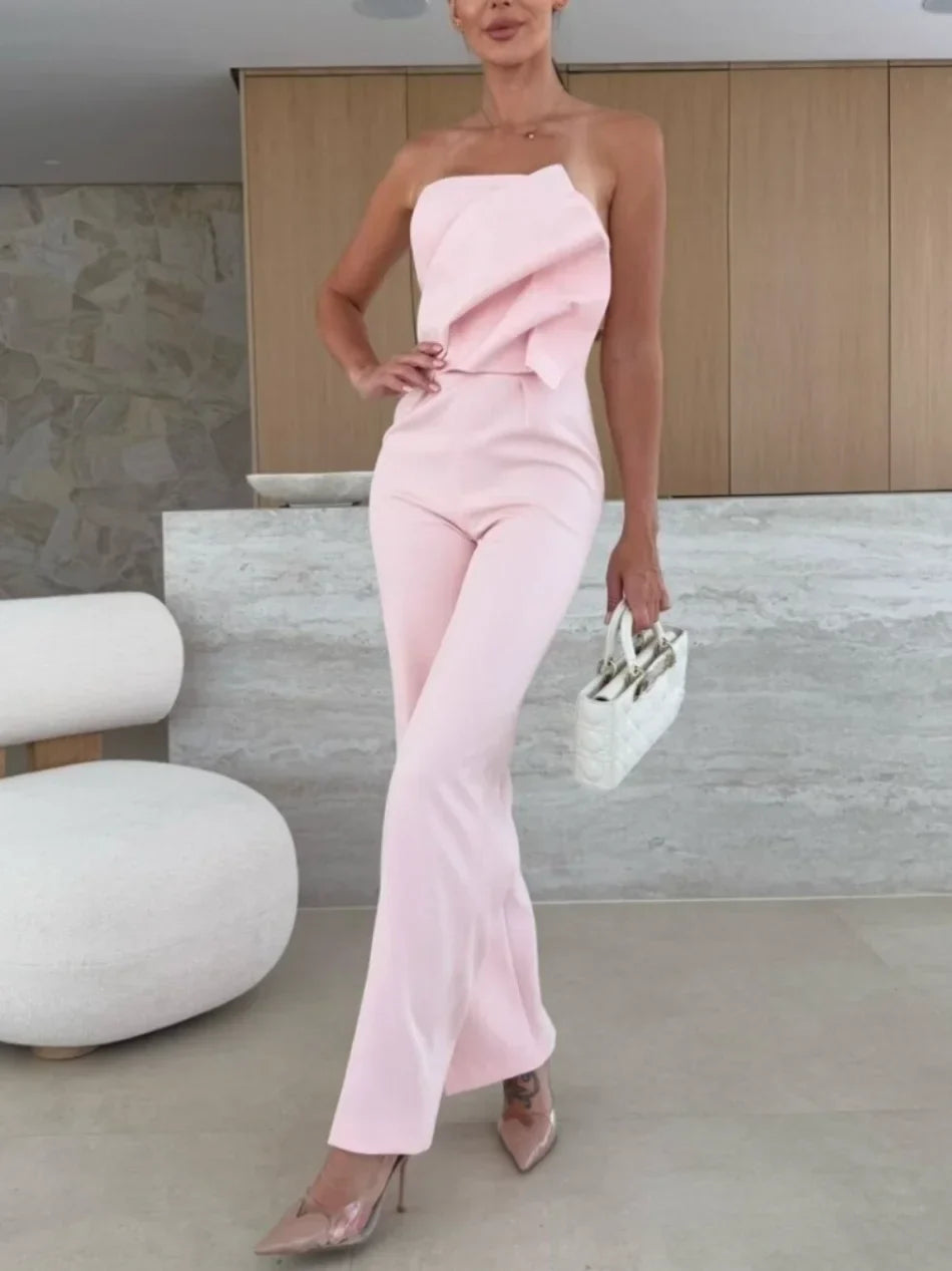 Women's Summer Jumpsuit Casual Office Wear Solid Color High-Waisted Wide-Leg Low Back Tight Fit Stylish Romper