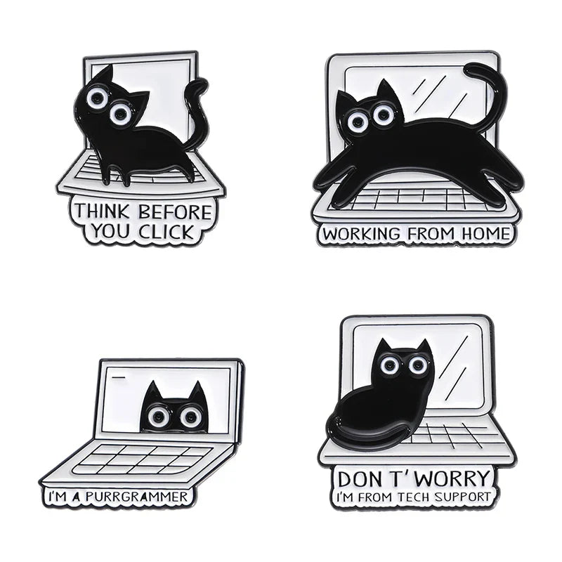 Cute Cat Enamel Pins Set of 4 to 6 Black Fluid Cat Brooches Lapel Badges Unique Animal Jewelry Gift