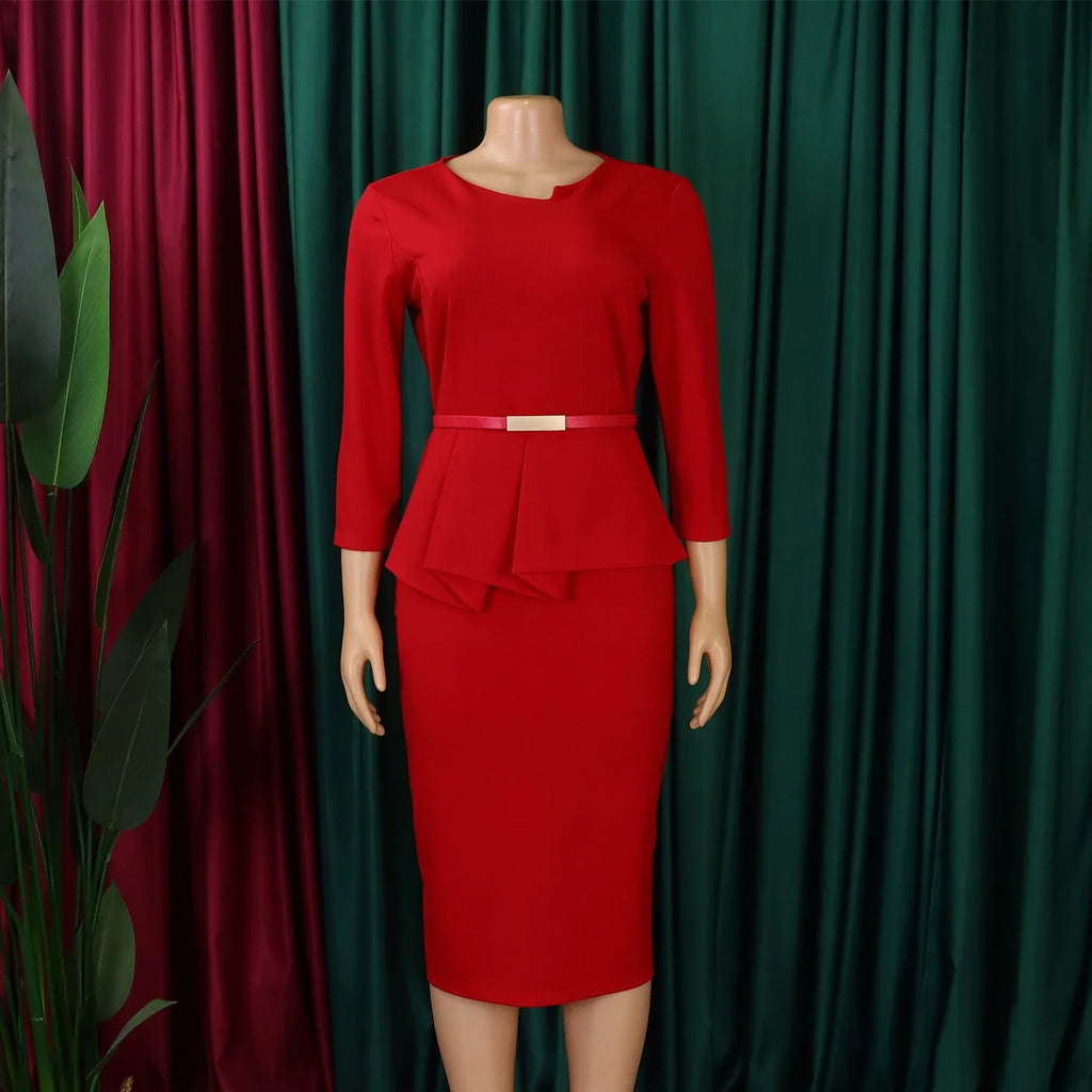 Women's Office Dress Sheath Belted Mid Calf Formal Wear