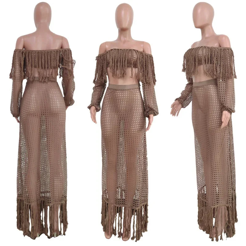 Fringed Tassel Two Piece Women's Beachwear Set Crochet Hollow Out See Through Crop Top and Long Skirt Vacation Outfit