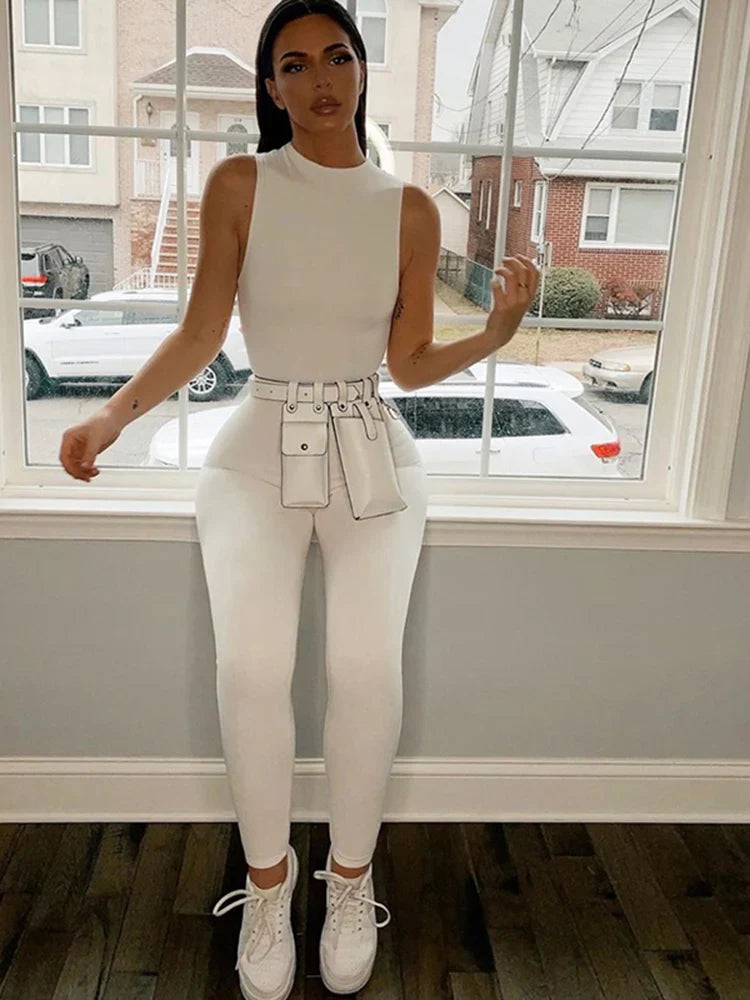 Weird Puss Sleeveless Skinny Jumpsuit for Women Solid Color Zipper Fitness O-Neck Romper One Piece Stretchy Summer Streetwear Outfit