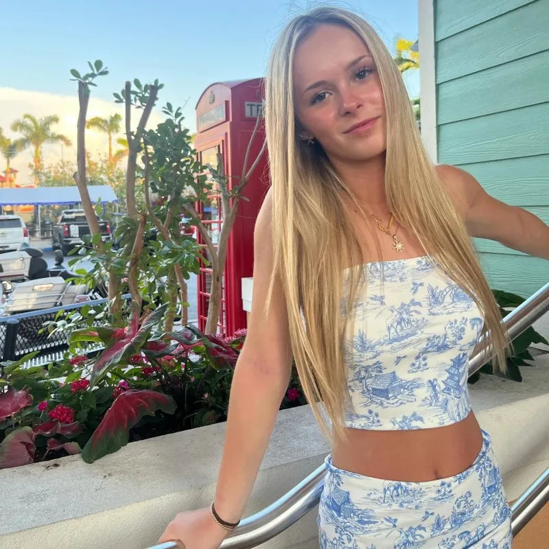 Women's Summer Two-Piece Set Sleeveless Strapless Retro Print Top and High Waist Slim Mini Skirt Streetwear Outfit