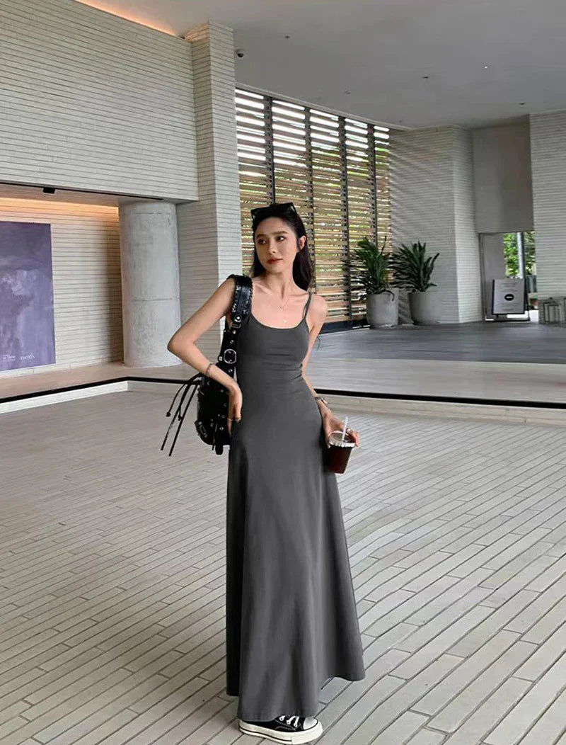Y2K Black Strap Long Dress Sleeveless Bodycon Sundress