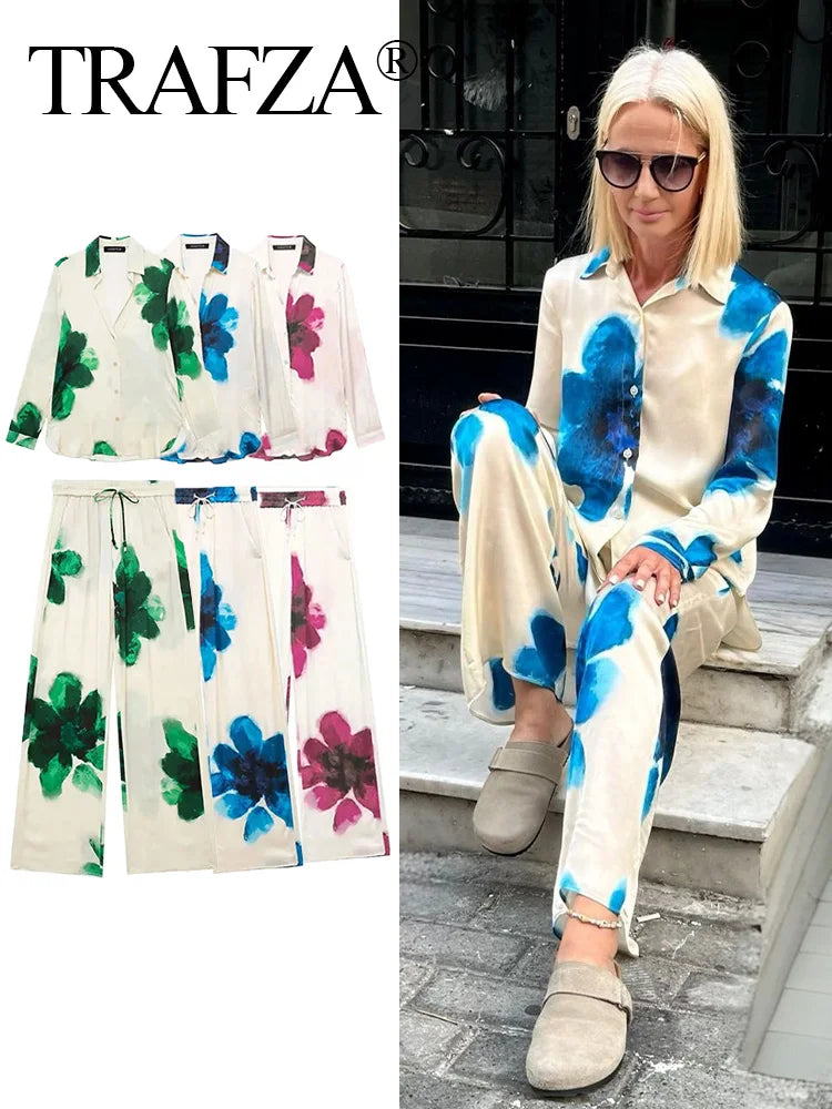 Elegant Floral Print Pant Set With Lapel Long Sleeve Loose Blouse And Drawstring High Waist Wide Leg Pants For Women