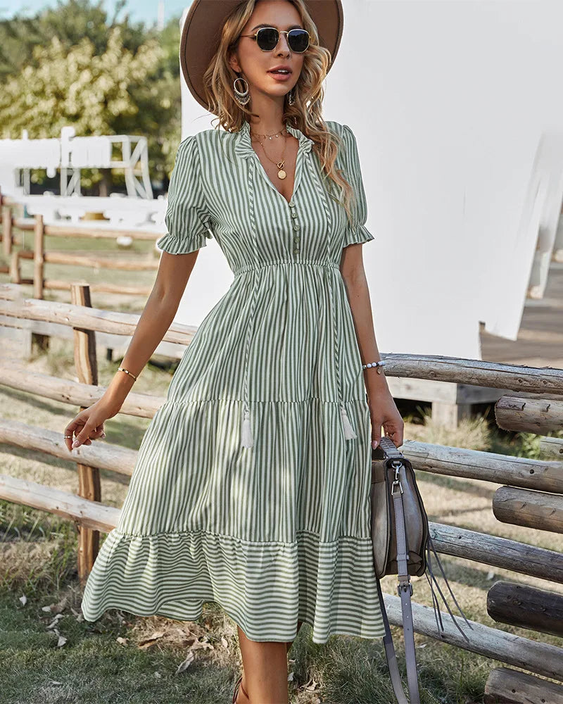 Striped Lantern Sleeve Midi Dress With V Neck Ruffles