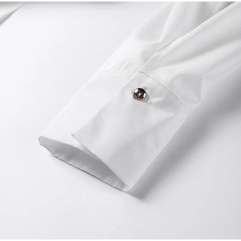 White Chiffon Shirt for Women with Lapel Collar Lantern Sleeves Single Breasted Irregular Hem Loose Fit Blouse Elegant Casual Top