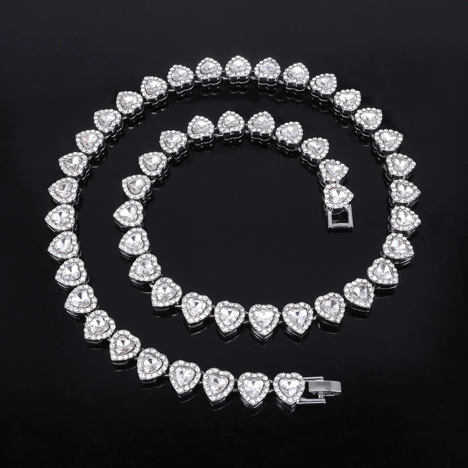 Hip Hop Tennis Chain Bracelet Necklace Set with Shiny Heart Rhinestone CZ Fashion Jewelry