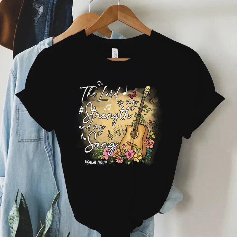 Women Vintage Boho Guitar Print Christian T-Shirt Summer Faith Tee with Bible Verse