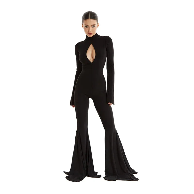 Slim Fit Hollow Out Long Sleeve Semi High Neck Jumpsuit with Elastic Waist Solid Color Women's Slim Pants Y2K Inspired Bottoms