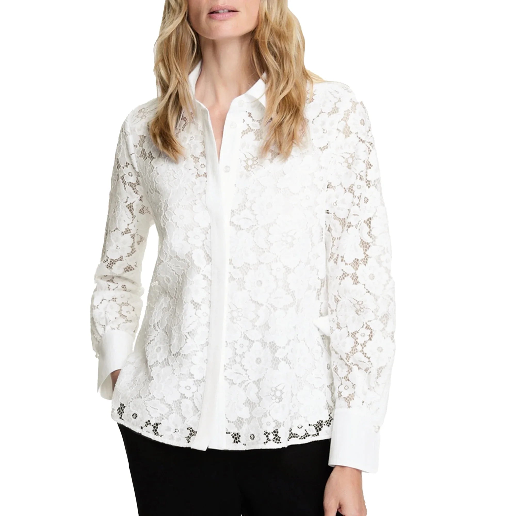 Elegant Women Blouse Lace Hollow Out V Neck Button Down Office Shirt Spring Fashion Top