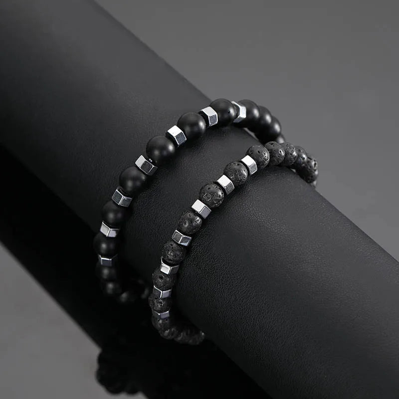 Frosted Black Volcanic Stone Beaded Men's Bracelet Set Double Layer Nature Stone Gifts