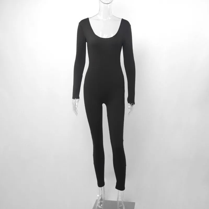 Women's Black Long Sleeve Bodycon Jumpsuit Slim Fit Sexy Solid Romper Casual Sporty Skinny Streetwear for Autumn Winter