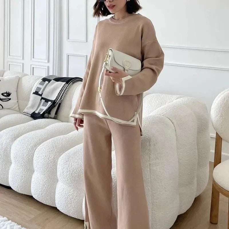 Knit Two Piece Pajama Set for Women with Side Split and High Waist Short Sleeve Design Suitable for Office and Casual Wear