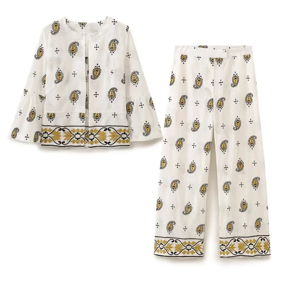 Fashion Women's Print Embroidered Shirt and Pant Set with Long Sleeve Cardigan Coat and Straight Trouser High Street Outfit