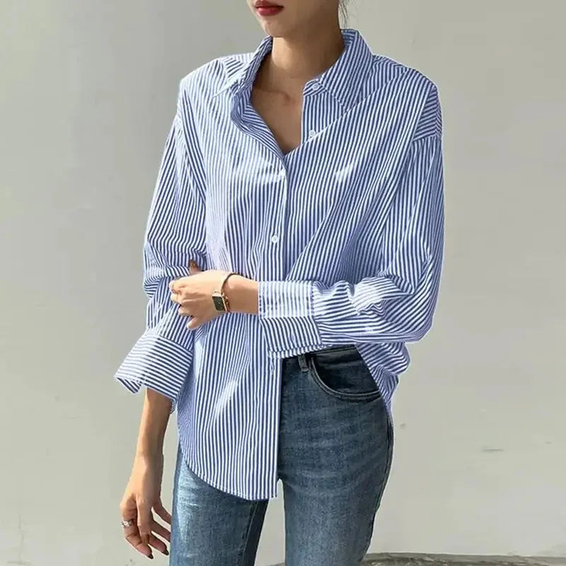 Women Casual Long Sleeve Blouse Blue Striped Turn-Down Collar Lightweight Shirt for Spring and Summer