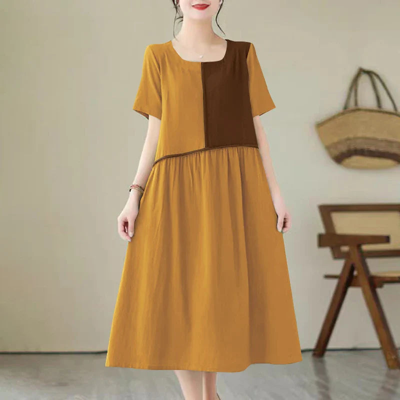 Women Patchwork Pleated Midi Dress Casual Aline Retro