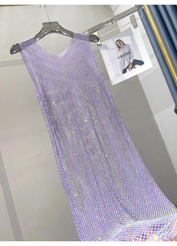 Rhinestone Mesh Midi Dress for Sexy Party and Clubwear