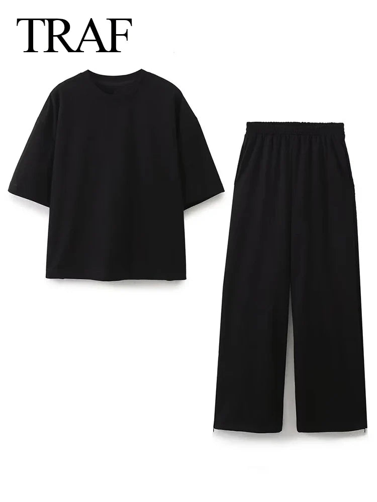 Women's Solid Casual T Shirt and Pant Set with Short Sleeves and Lace-Up Side Pockets