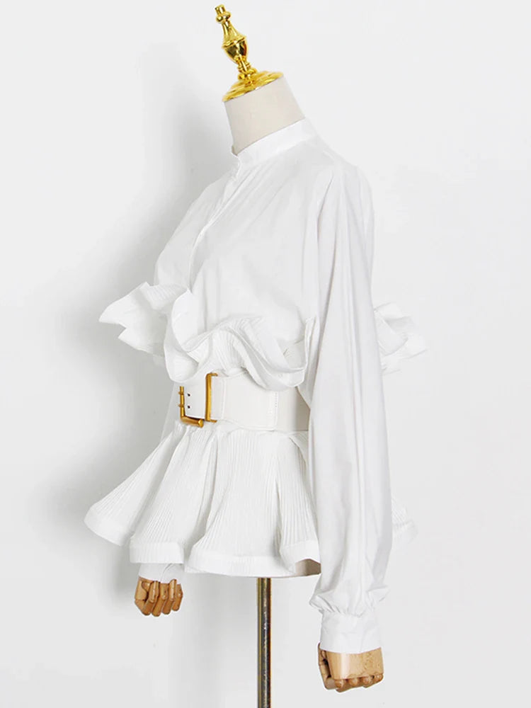 Solid Patchwork Belt Minimalist Women's Shirt Stand Collar Long Sleeve Tunic Spliced Ruffle Casual Blouse