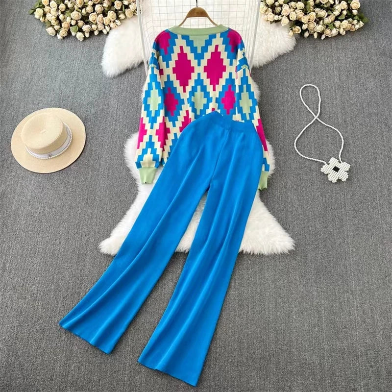 Casual Elegant Diamond Grid V-Neck Button Down Long Sleeve Top with Elastic Waist and Wide Leg Women's Suit Outfit