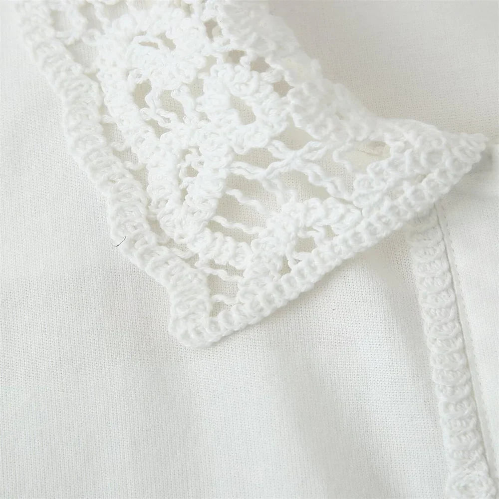 Women White Long Sleeve Blouse and Wide Leg Pants Set with Lace Trim Elegant Design