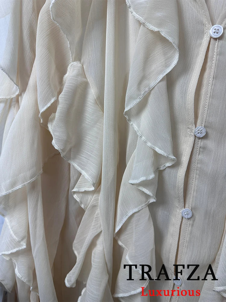 Sexy Transparent Tassel Chiffon Women Blouse Long Sleeve V Neck Loose Fit Single Button Shirt Stylish Lightweight Top for Spring and Summer