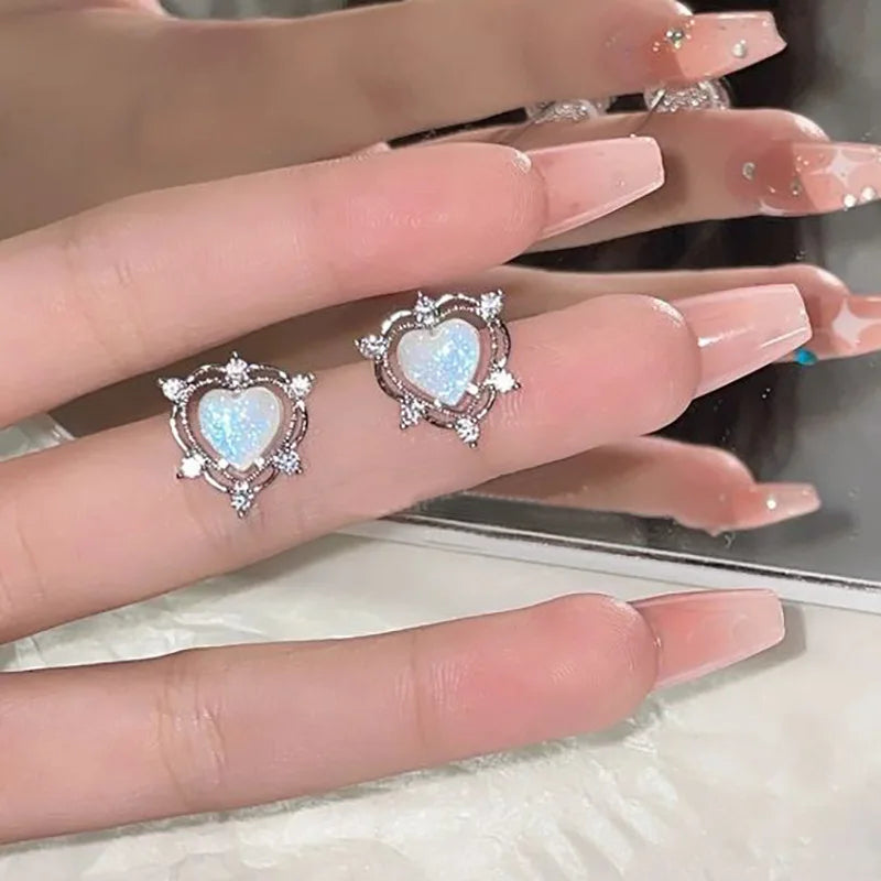 Y2K Bowknot Zircon Stud Earrings for Women with Pink Crystals in Silver Color Fashion Jewelry