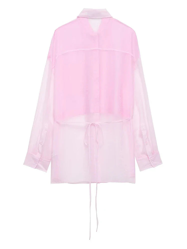 Women's Patchwork Translucent Blouse with Lace-Up Detail Casual Lapel Single-Breasted Long Loose Top for Spring and Summer