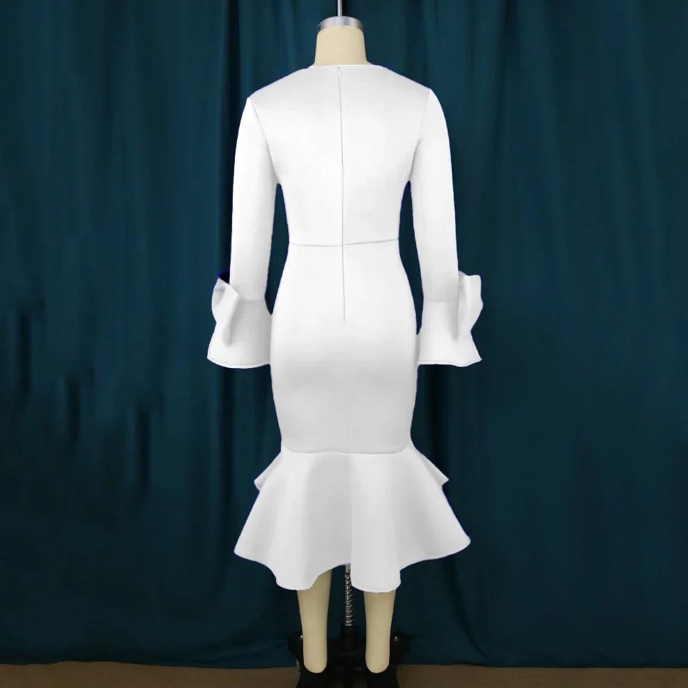 V Neck Sheath Mermaid Dress With Flare Sleeve White Blue