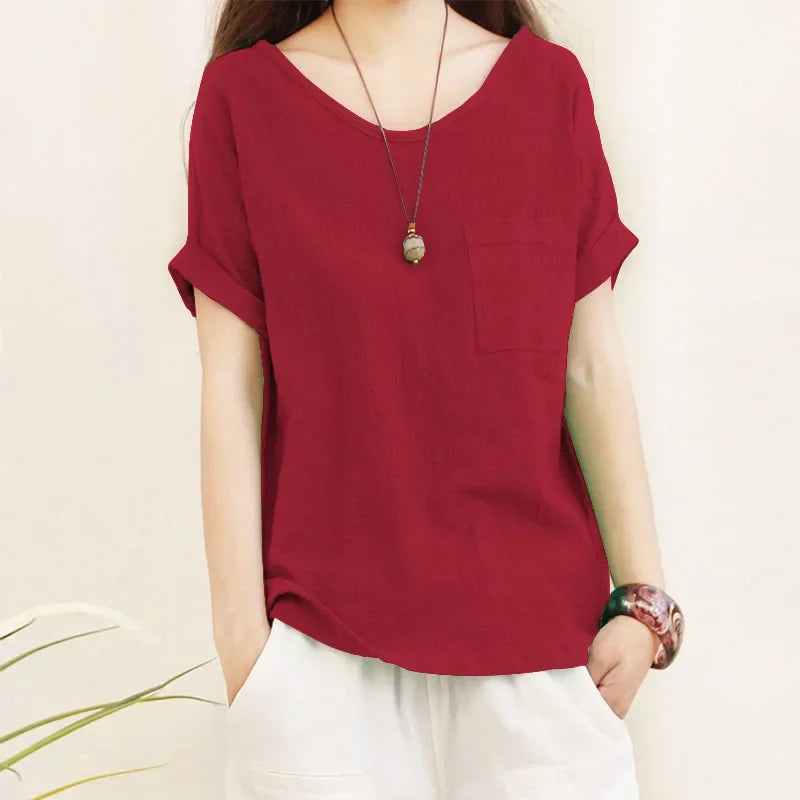 Women's Loose Fit Cotton Linen Blouse Short Sleeve Green O-Neck Casual Summer Top Large Size