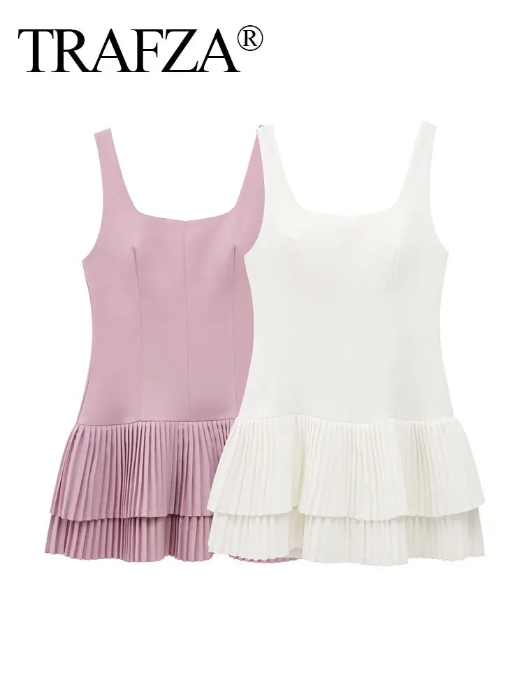 Elegant Womens Sleeveless Solid Mini Dress With Pleated Hem