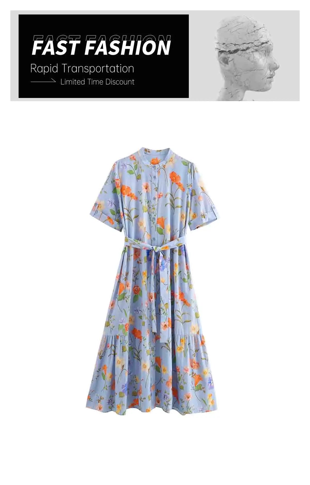Floral Print Belted Maxi Dress for Women Round Neck