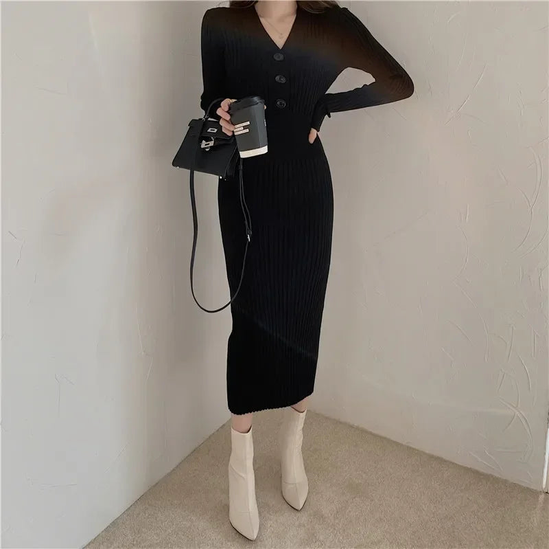 Knit V Neck Women Sweater Dress Long Sleeve Bodycon Office