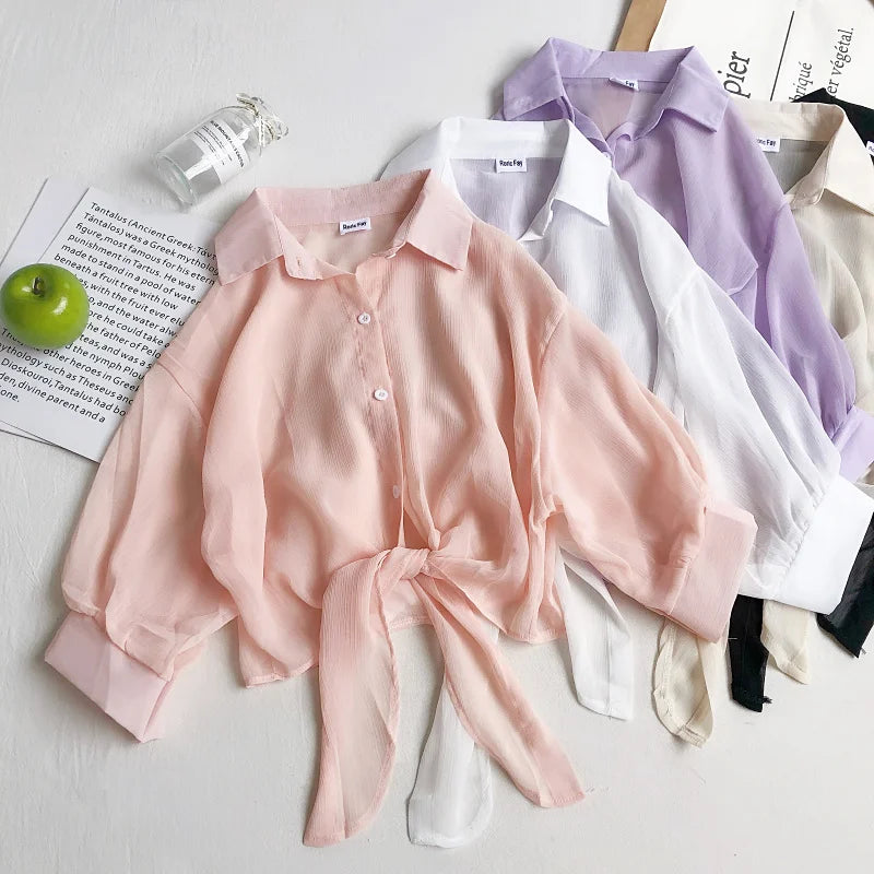 Women Buttoned Up Chiffon Blouse Tied Waist Crop Top Office Lady Shirt Thin and Lightweight