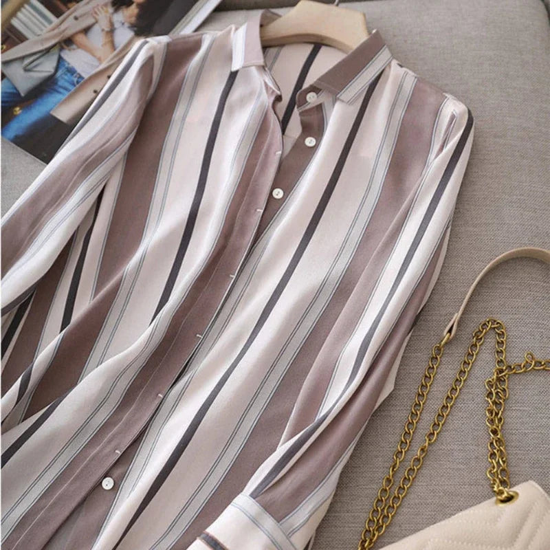 Striped Long Sleeve Women's Shirt Vintage-Inspired Loose Fit Casual Blouse Lightweight Tops for Spring and Everyday Wear