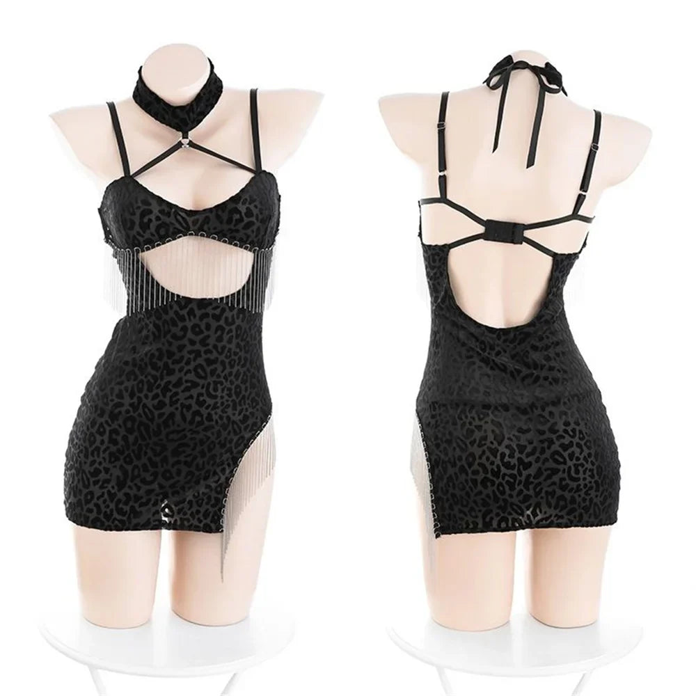 Leopard Print Lingerie Halter Nightwear Side Slit Tassels