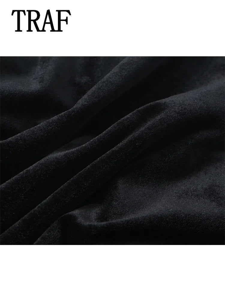 Women's Fashion Velvet Trouser Set with Wide Leg Pants and Long Sleeve Coat Top for Stylish Streetwear Outfit