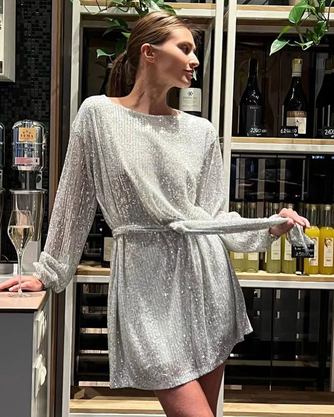 Sequin Dress Pearl Waistline Evening Cocktail Dress