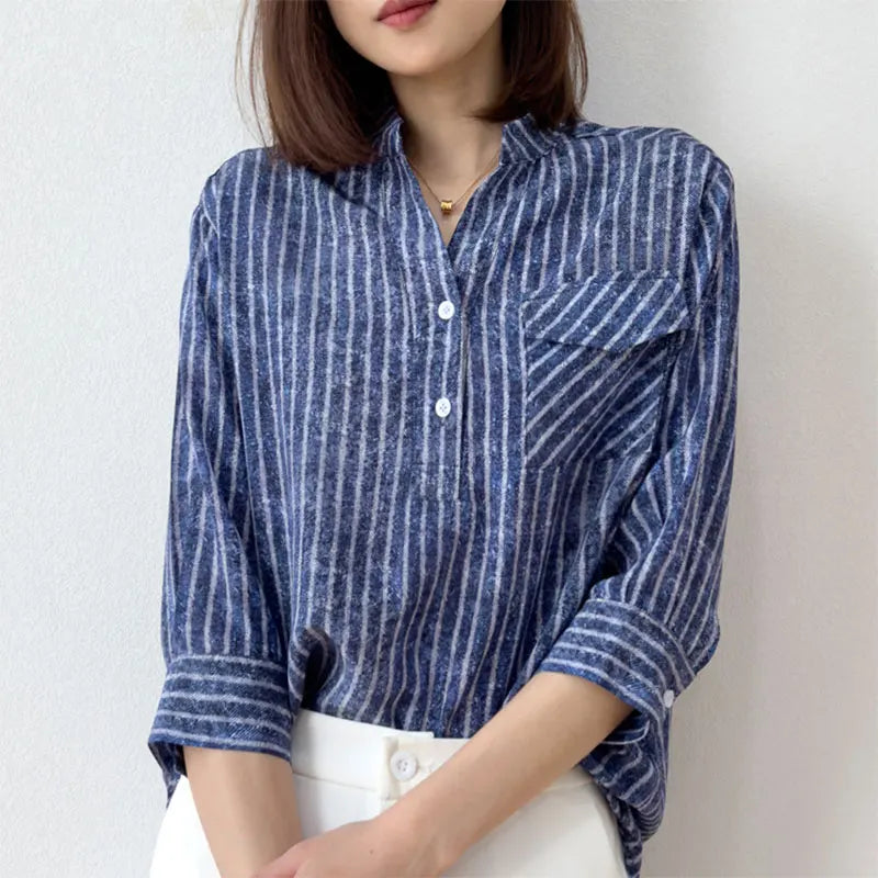 Women 100 Percent Mulberry Crepe Silk Shirt Blue Jeans Stripe Printed Three Quarter Sleeve Pullover Blouse Elegant Office Top in M L XL
