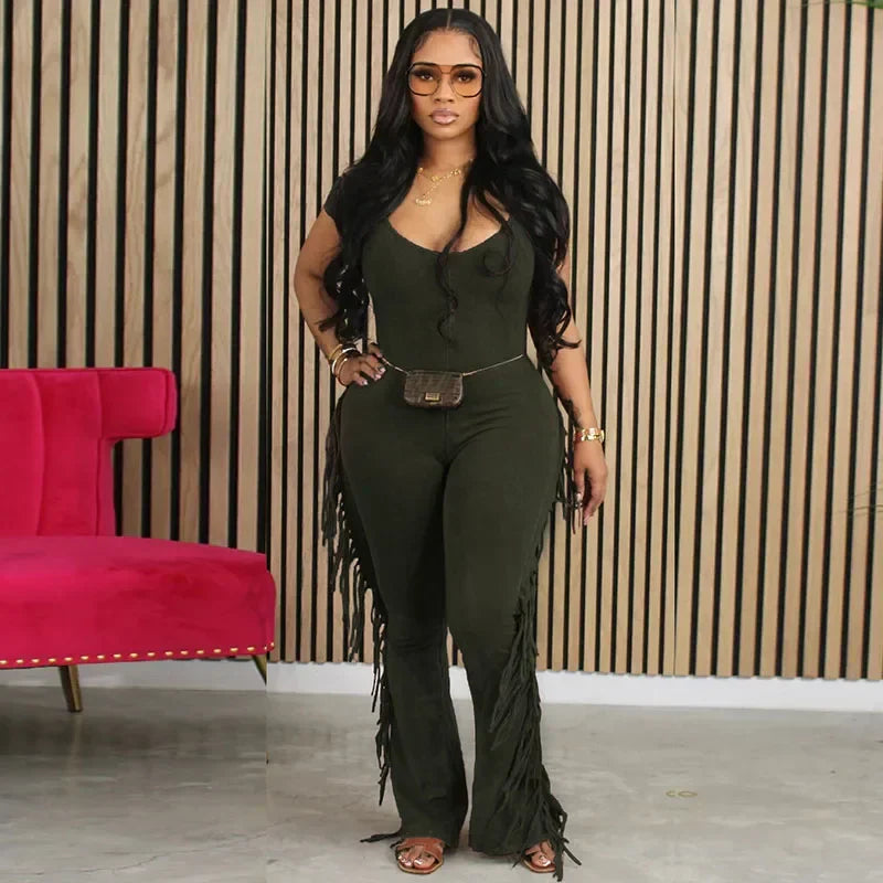 Casual Women's One Piece Jumpsuit with Side Fringe Tassel V-Neck Short Sleeve Skinny Fit Flare Pants Romper