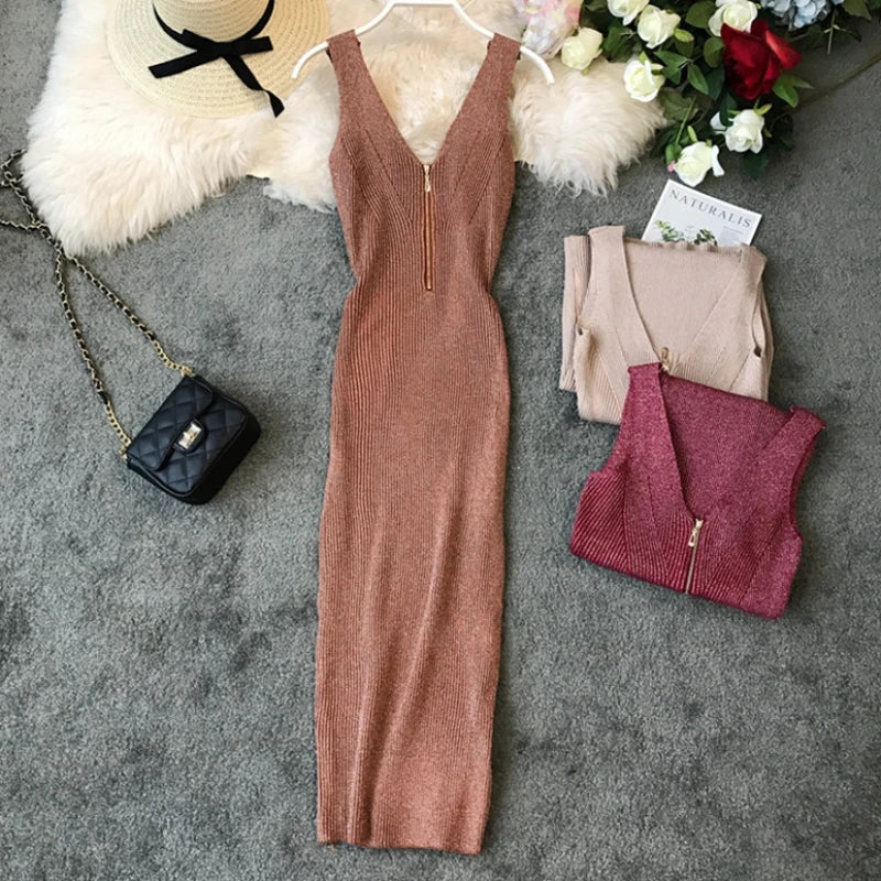 Sexy Zipper V Neck Knit Bodycon Midi Dress For Summer