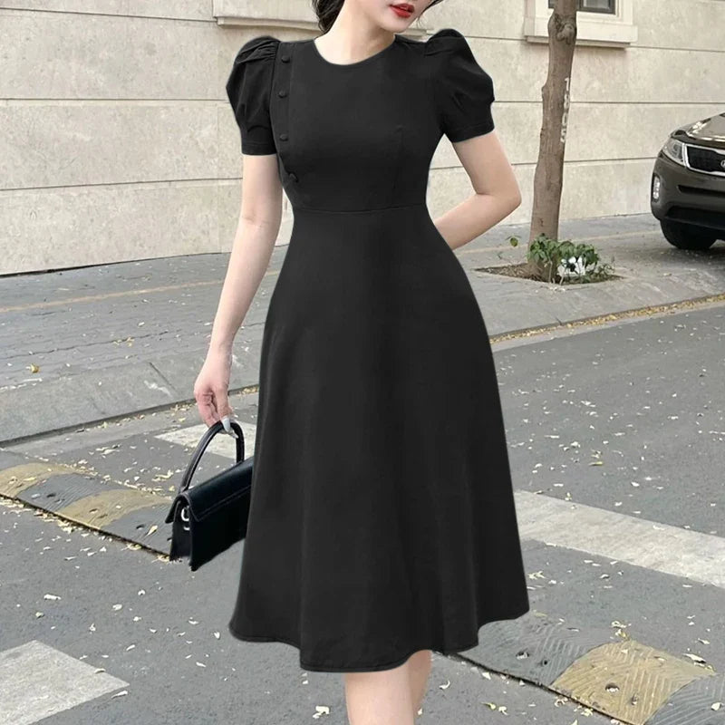 Elegant Short Puff Sleeve A Line Sundress for Office