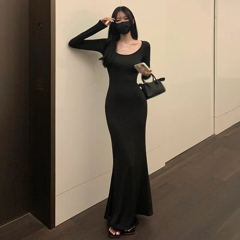 Korean Style Square Neck Wrap Dress With Fishtail Hem